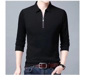 Camisa polo lisa de manga larga con solapa para hombre, camisa polo con cuello con cremallera, camisa fina de moda para primavera y otoño, blusas casuales holgadas XXXXL negro