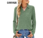 Blusa de mujer de otoño e invierno con solapa, color liso, manga larga y bolsillo, holgada S negro