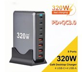 Cargador Gan de 320 W, 8 puertos USB tipo C, adaptador de carga rápida para iPhone, Samsung, Huawei y Xiaomi