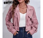 GMXIA Chaquetas y abrigos con cuello tipo POLO de manga larga para otoño e invierno con estampado de Color sólido informal vintage para mujer S color rosa
