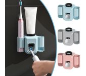 Dispensador automático de pasta de dientes montado en la pared, soporte para cepillo de dientes, sin perforaciones, soporte para cepillo de dientes eléctrico multifunción gris