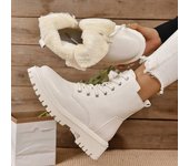 Botas de tobillo cortas de felpa para otoño e invierno, botas de moto con plataforma de talla grande para mujer, botas de piel sintética con cordones estilo punk para mujer 36