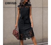 Vestido de verano para mujer con solapa de encaje, vestido sexy de Color sólido, vestido elegante con temperamento S negro