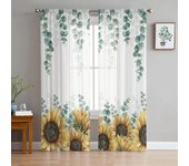 Cortinas transparentes con hojas de eucalipto y flores de girasol, decoraciones para ventanas del hogar, cortinas de tul de gasa para sala de estar, dormitorio y cocina W135 x H115cm x1&Rod Pocket