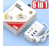 Cargador de teléfono USB tipo C de 6 puertos, estación de carga PD, concentrador USB de carga rápida para iPhone 16, iPad, Samsung, Xiaomi, enchufe universal de EE. UU./UE EU Plug blanco