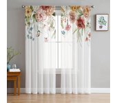 Cortinas transparentes con diseño de rosas y flores de primavera para dormitorio, sala de estar, cocina, tul, gasa y organza. W135 x H115cm x1&Rod Pocket