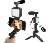 Kit de Vlogging, trípode para teléfono con micrófono Lavalier inalámbrico de 2,4G para iPhone, Android, teléfono inteligente, tableta, cámara SLR negro