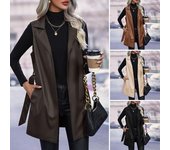 Chaleco de mujer para otoño y primavera, abrigo con cinturón, cintura con cordones, cuello vuelto, suave y sintético S marrón