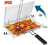 Cesta de parrilla portátil plegable de acero inoxidable con asa para pescado, verduras, camarones y utensilios de cocina.