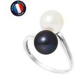 PERLINEA - Anillo de Perla Cultivada de Agua Dulce Redonda Genuina de 7-8 mm - Blanco Natural y; Tahití Negro - Oro Blanco - Joyas Mujer