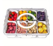 1 bandeja para servir bocadillos con múltiples compartimentos, con tapa y asa, caja de almacenamiento de alimentos, contenedor de alimentos portátil para fiestas 1pc