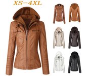 Todas las estaciones de las mujeres moda bombardero cremallera chaqueta de cuero con capucha abrigos de imitación invierno cálido sólido Outwear 3XL albaricoque