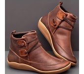 (Sin forro polar)Botas de tobillo retro para mujer de otoño e invierno Botas planas de cuero sintético sin cordones de color sólido Calzado para mujer 35 marrón claro