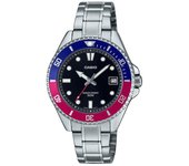 Casio Reloj analógico estándar Pepsi con bisel de acero inoxidable y esfera negra de cuarzo MDV-10D-1A3 para hombre negro