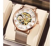 Relojes de mujer Reloj de oro rosa Relojes de esqueleto mecánicos automáticos para mujer rojo