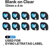 10 Uds LetraTag LT 12267 cinta de etiquetado 12mm LT12267 negro sobre transparente para máquina de etiquetas Dymo letra LT-100H, LT-110T, impresora QX 50 12mm