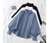 Camisa informal para mujer, camisa holgada de manga larga con solapa y farol, camisa de un solo pecho de Color sólido, Tops, ropa de calle L azul