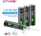 Batería de iones de litio recargable por USB AA de 1,5 V, pilas AA de carga USB de 3000 mWh para reproductor MP3, juguetes, termómetro, Control remoto y Cable