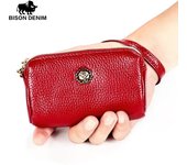 BISON DENIM moda cuero genuino mujer monedero cremallera pequeña Mini carteras femeninas negro