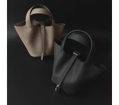 Bolso de cesta de piel de vacuno Picotin cosido a mano, importado, para mujer Black