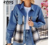 YYFS Chaquetas y abrigos de cuello polo de manga larga con estampado de cuadros informales a la moda para mujer para otoño e invierno S