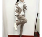 Traje de mujer otoño e invierno casual tejido a cuadros suéter pantalones traje de dos piezas 2XL negro