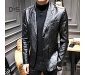 DYS Hombres Ropa Otoño Invierno Color Sólido Chaqueta De Traje De Cuero De Imitación Chaqueta De Solapa De Manga Larga XL negro