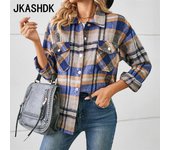 JKASHDK Blusas y camisas con cuello tipo polo de manga larga con estampado a cuadros para otoño e invierno para mujer S color rosa
