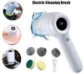 Cepillo de limpieza eléctrico giratorio, inalámbrico, recargable, para baño, utensilios de cocina, con 5 cabezales de cepillo reemplazables gris claro