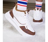 TUINANLE Zapatos de invierno para mujer, zapatillas cálidas de felpa de PU, zapatos planos con cordones para mujer, zapatillas altas para hombre 36 marrón/blanco