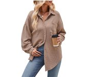 Otoño e Invierno Camisas de Mujer Casual Suelto Bolsillo Waffle Moda Camisa de Manga Larga Top S negro