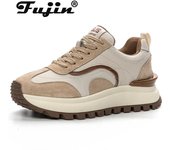Koznoy 4.5cm Tela de piel de cerdo Sintético Alta Marca Vulcanizar Zapatillas de deporte gruesas Zapatos de mujer Cómodos mocasines Plataforma Pisos Moda Cuero 35 marrón