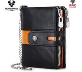 HUMERPAUL Cartera de cuero genuino para hombre cerrojo monedero Color negro con cadena cartera masculina portomonee cartera dinero bolsa pequeña marrón