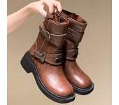 Botas de moto de estilo inglés para mujer, botas de media pantorrilla con cremallera y punta redonda y suela gruesa, botines casuales de caballero para mujer D183 35