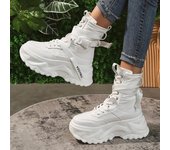 Botas de moto blancas con plataforma gruesa para mujer, botines con hebilla y cordones de suela gruesa, zapatos vulcanizados de moda de otoño para mujer 35
