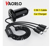 VAORLO-cargador de coche con Cable 3 en 1, cargador USB Dual de 15W, Micro tipo C de 8 pines para Xiaomi, Huawei, iphone 11pro, cargador de coche negro