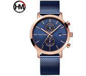 Hannah Martin multifunción cronógrafo malla banda impermeable hombres gran esfera marca superior reloj de lujo hombres relojes de moda negro