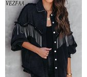 VEZFAA Moda mujer Casual Color sólido estampado Otoño Invierno manga larga cuello POLO chaquetas y abrigos S negro