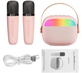 Mini micrófono inalámbrico y altavoz para máquina de karaoke con 2 micrófonos, regalo para fiesta de cumpleaños color rosa
