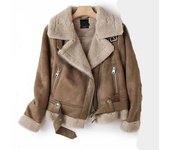 Chaqueta de moto con cremallera y abrigo de lana de cuero cálido con cuello a la moda para mujer de invierno L negro