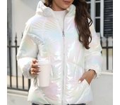 Moda mujer brillante chaqueta acolchada invierno cálido Parkas abajo cremallera chaquetas recortadas S blanco
