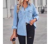 Chaqueta superior de solapa informal con cuello POLO de manga larga de otoño e invierno de mezclilla a la moda para mujer M azul oscuro