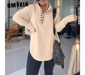 GMXIA Blusas y camisas con cuello POLO de manga larga con estampado de Color sólido informal a la moda para mujer Otoño Invierno S negro