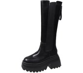 Botas altas hasta la rodilla con plataforma para mujer, moda 2024, botas largas de cuero suave, botas de moto de invierno, zapatillas gruesas sin cordones, tacones altos 34 marrón