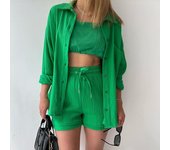 Camisa de manga larga con solapa de crepé de dos piezas, pantalones cortos con cordón de cintura alta, moda informal de talla grande S naranja
