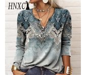 Blusas y camisas de cuello en V de manga larga de otoño e invierno informales de moda para mujer de HNXC S negro