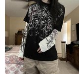 Camiseta de manga larga falsa de dos piezas para mujer, camisetas con estampado de Harajuku japonés de retales, camisetas gráficas góticas Grunge, camiseta nueva S negro