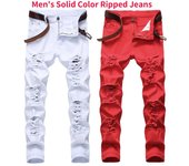 Pantalones elásticos informales con agujeros grandes para hombre, pantalones vaqueros ajustados con agujeros múltiples, pantalones blancos, rojos y negros 28 negro