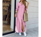 YYFS Vestidos casuales de cintura holgada con cuello tipo polo y manga larga con estampado de colores sólidos a la moda para mujer para primavera y otoño S color rosa