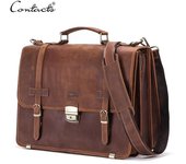 Maletín de cuero Crazy Horse para hombre de CONTACT'S, bolso de negocios para ordenador portátil de 14 pulgadas, bolsas de mensajero de hombro de cuero genuino para hombre café